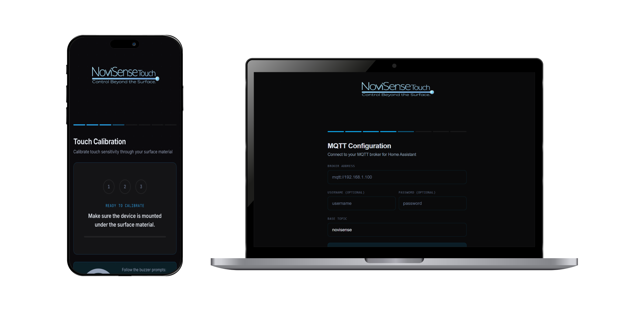 NoviSense Touch configuration portal shown on phone and laptop — touch calibration on mobile, MQTT configuration on desktop